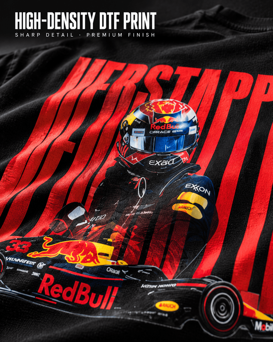 Max Verstappen F1 back graphic close-up with helmet and number 33 car