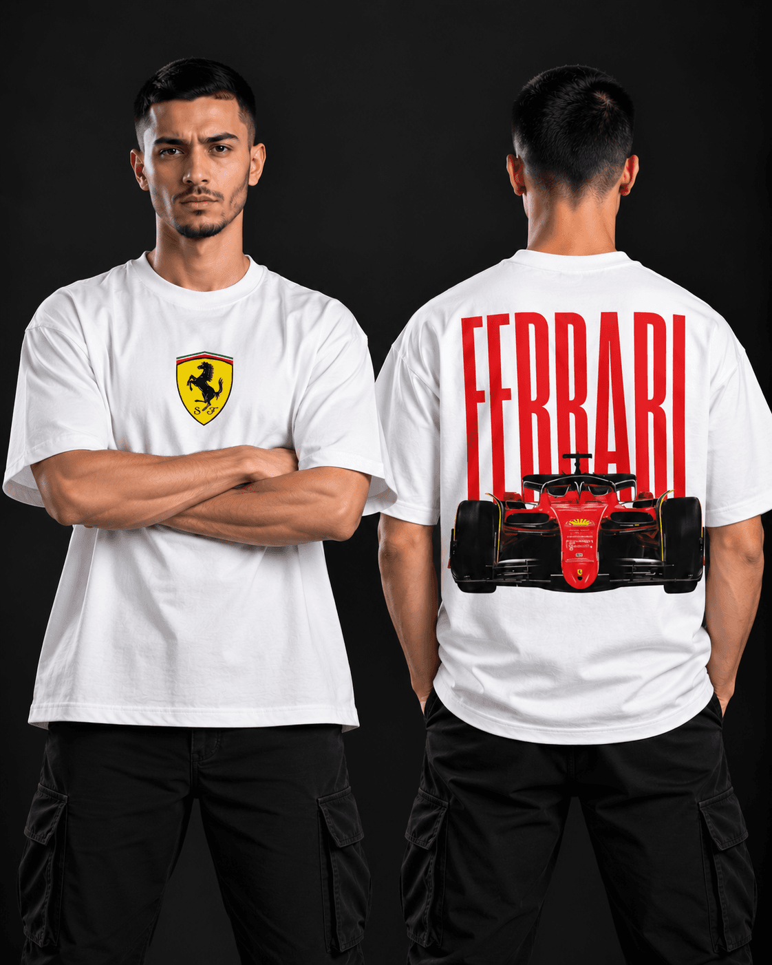 Ferrari F1 oversized t-shirt in white front and back view