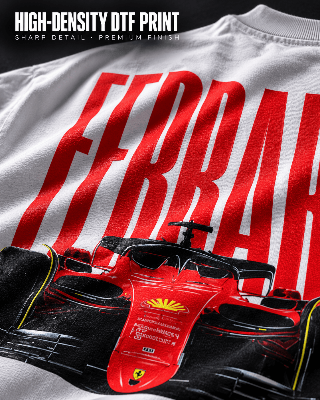 Ferrari F1 car back print close-up on white t-shirt