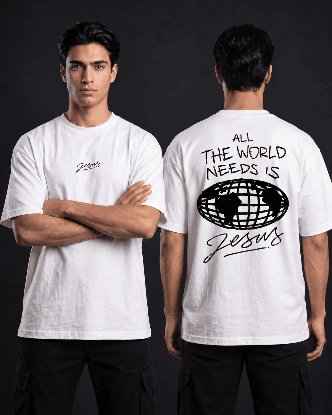 Jesus oversized graphic t-shirt front and back view in white