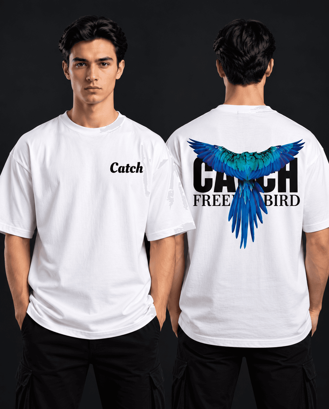 Catch Free Bird oversized t-shirt front and back view in white