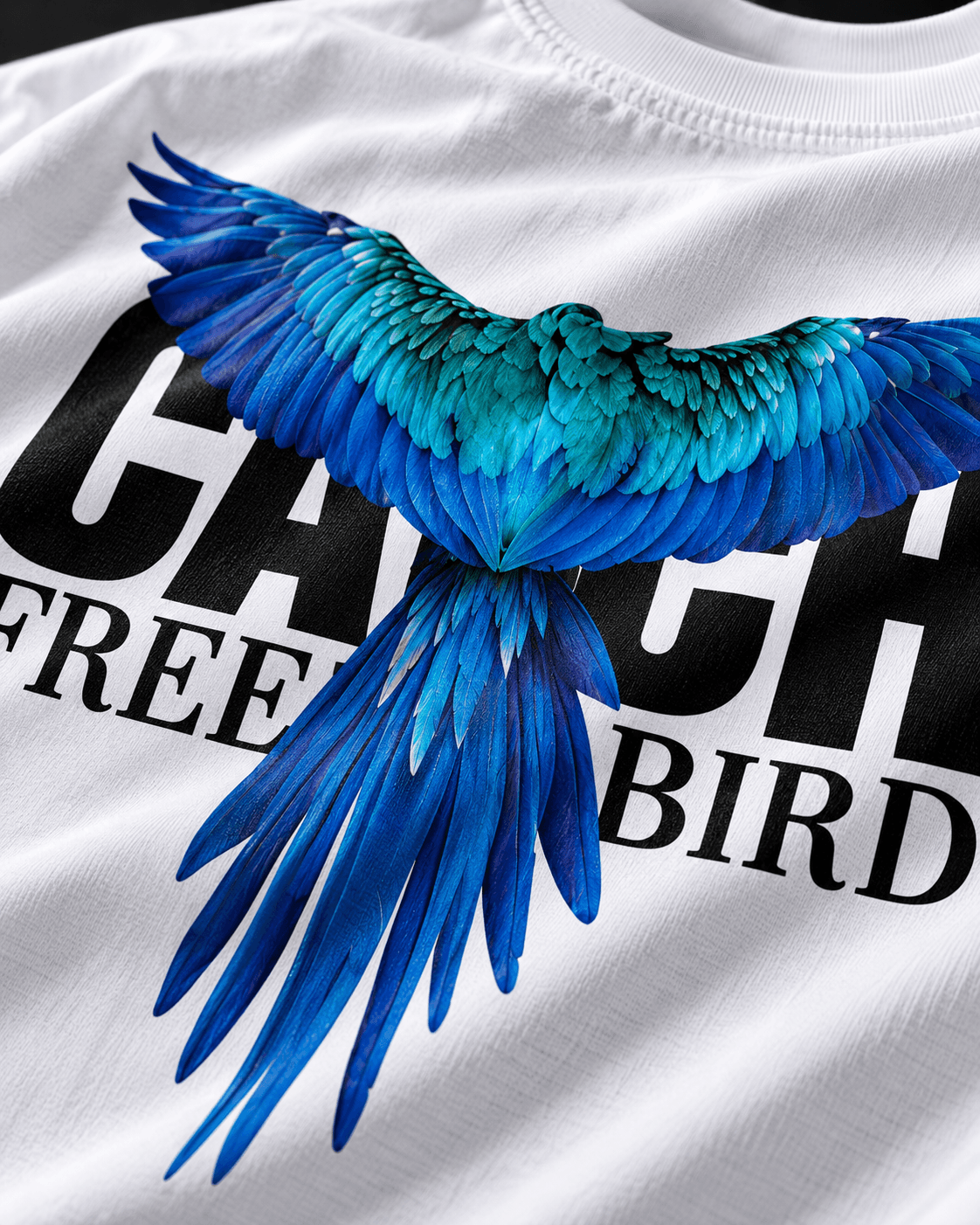 Blue macaw Free Bird back print design close-up