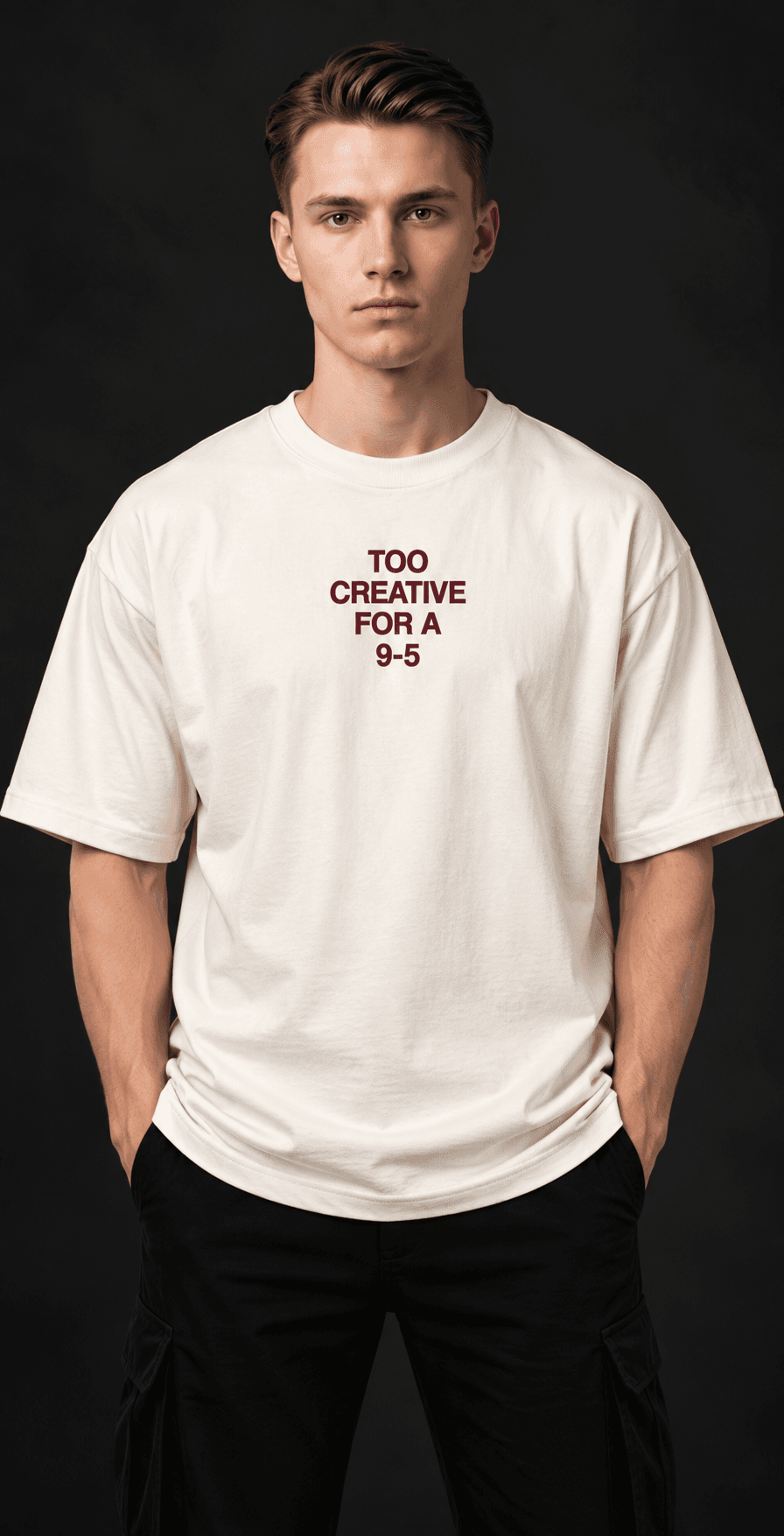 No Plan B oversized t-shirt front view in cream with Too Creative For A 9-5 chest print